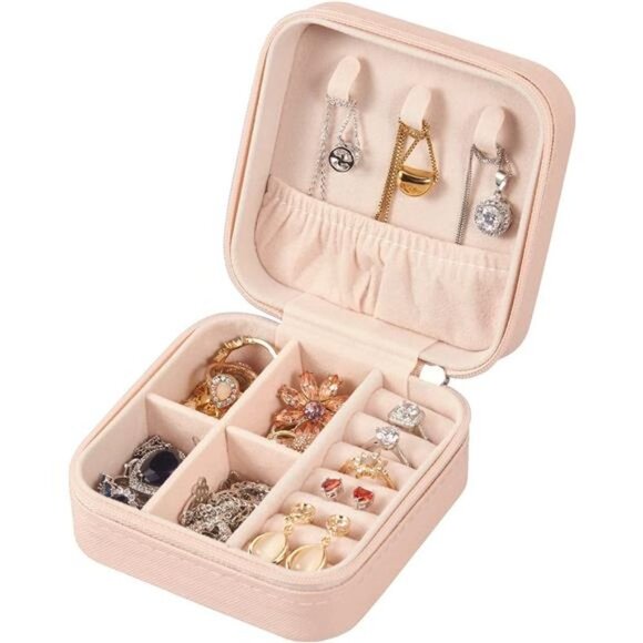 Small Jewelry Box, Travel Portable Jewelry Case for Ring, Pendant, Earring -Pink - Picture 2 of 7